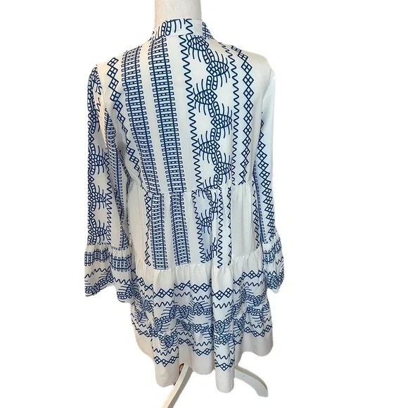 NEW Blue White Aztec Embroidered Tunic Dress | Boho Beach Cover-Up | Size M - Picture 5 of 7